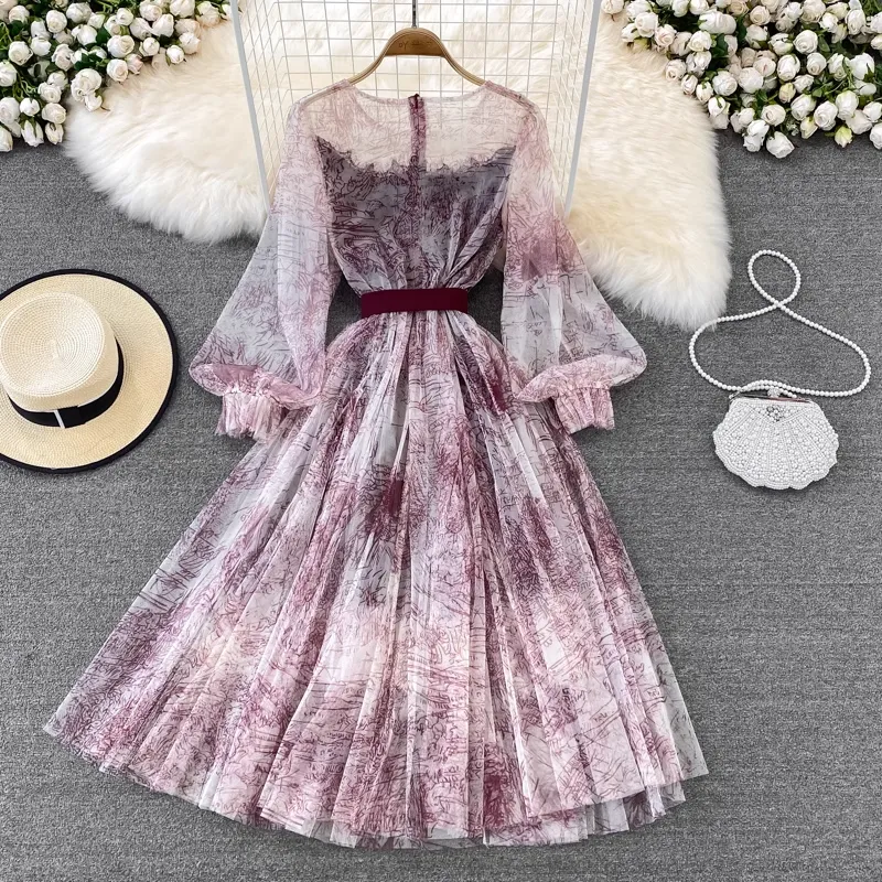 Fairy Ink Retro Round Neck Mesh Elegant Dress 1444