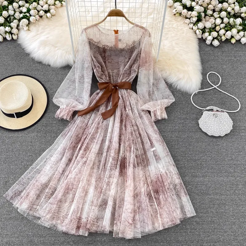 Fairy Ink Retro Round Neck Mesh Elegant Dress 1444