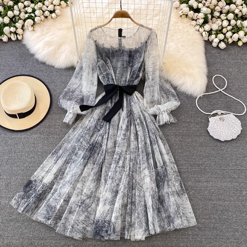 Fairy Ink Retro Round Neck Mesh Elegant Dress 1444