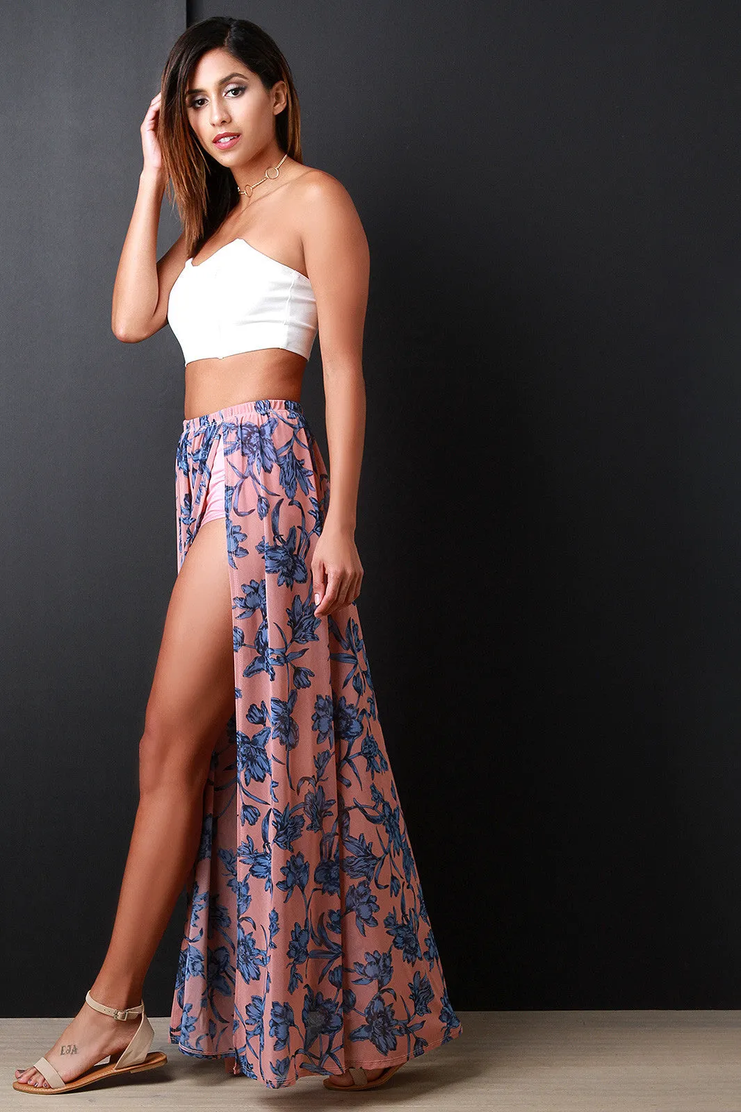 Floral Print Semi-Sheer Mesh Slit Maxi Skirt