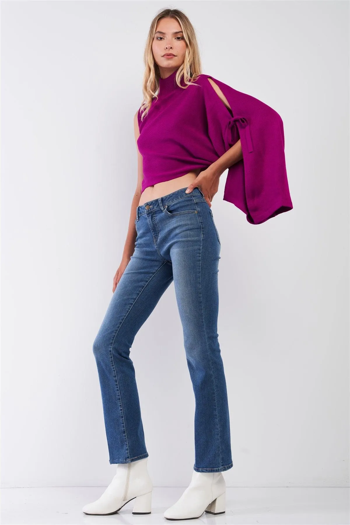 Fuchsia One-Shoulder Turtle Neck Bat Sleeve With Slit Cropped Sweaters /1-2-1