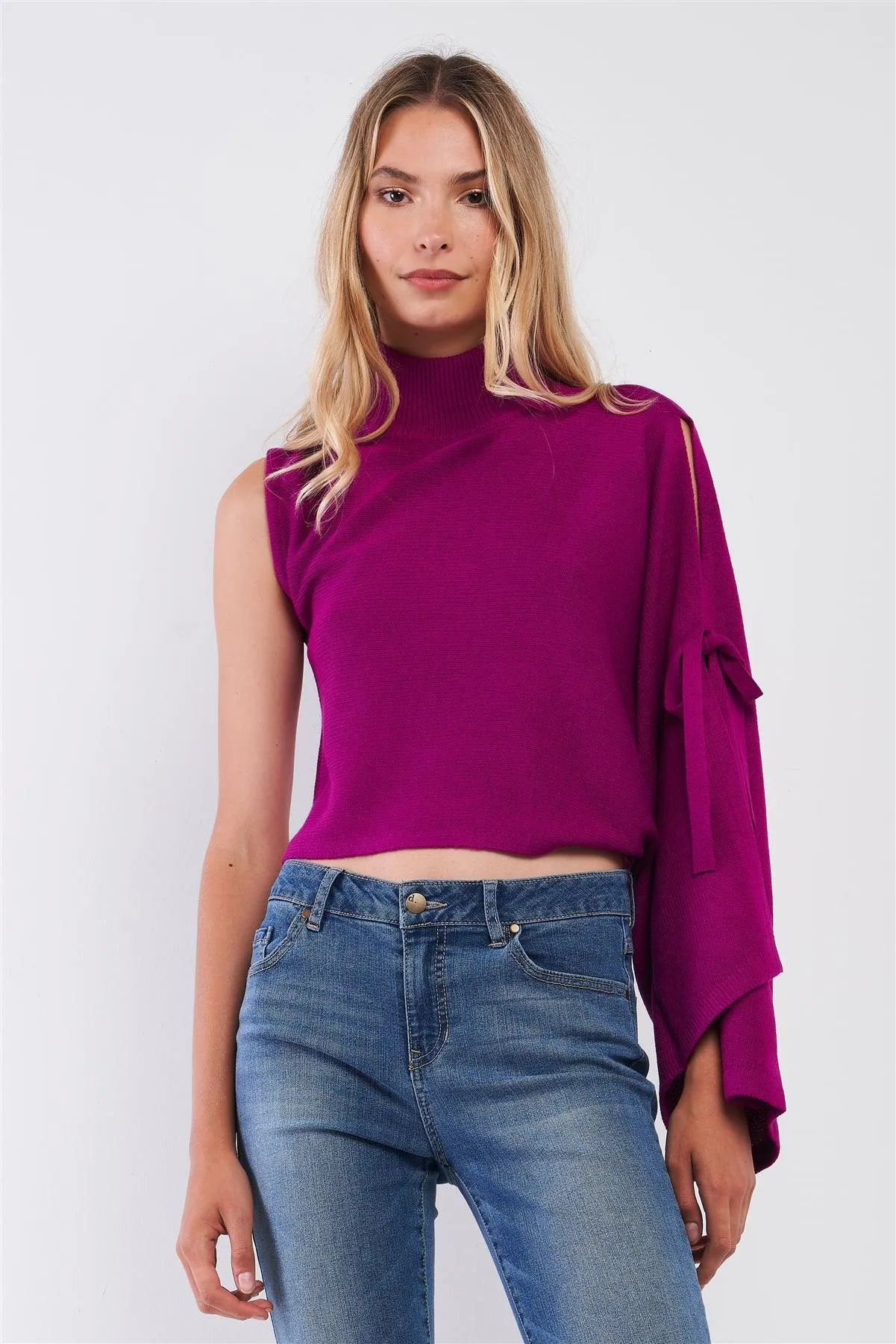 Fuchsia One-Shoulder Turtle Neck Bat Sleeve With Slit Cropped Sweaters /1-2-1