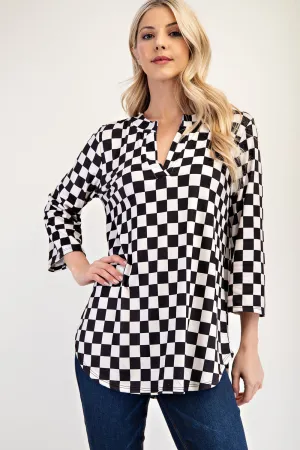 Full Size Curved Hem Checkered Notched Blouse