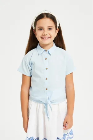 Girls Blue Front Open Shirt With Knot