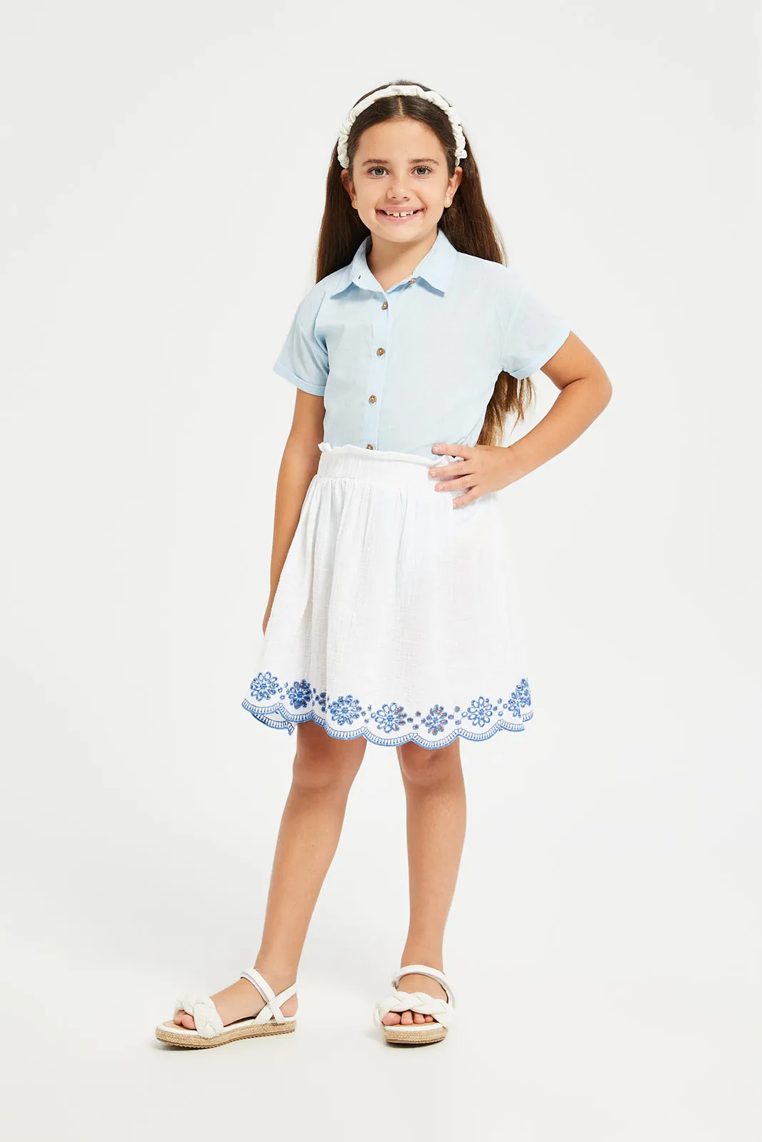 Girls Blue Front Open Shirt With Knot