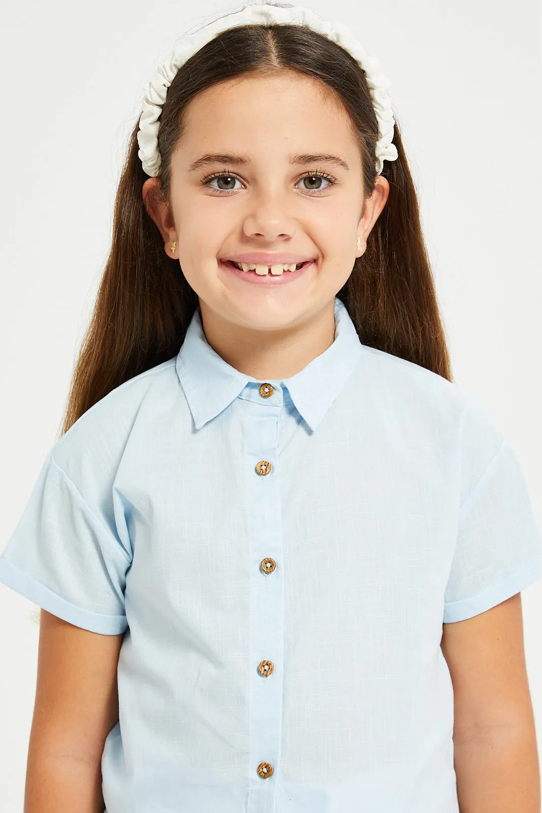 Girls Blue Front Open Shirt With Knot