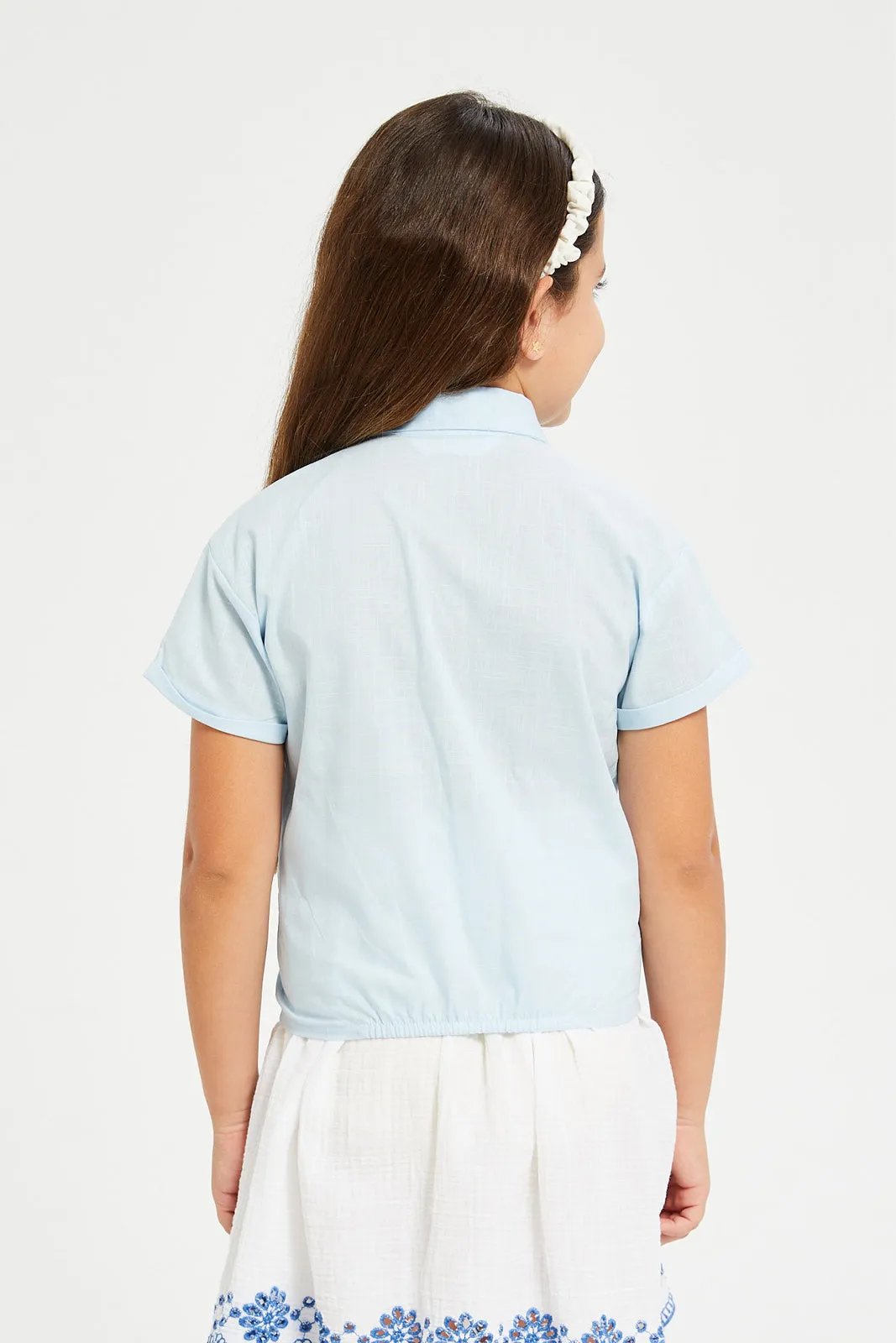 Girls Blue Front Open Shirt With Knot