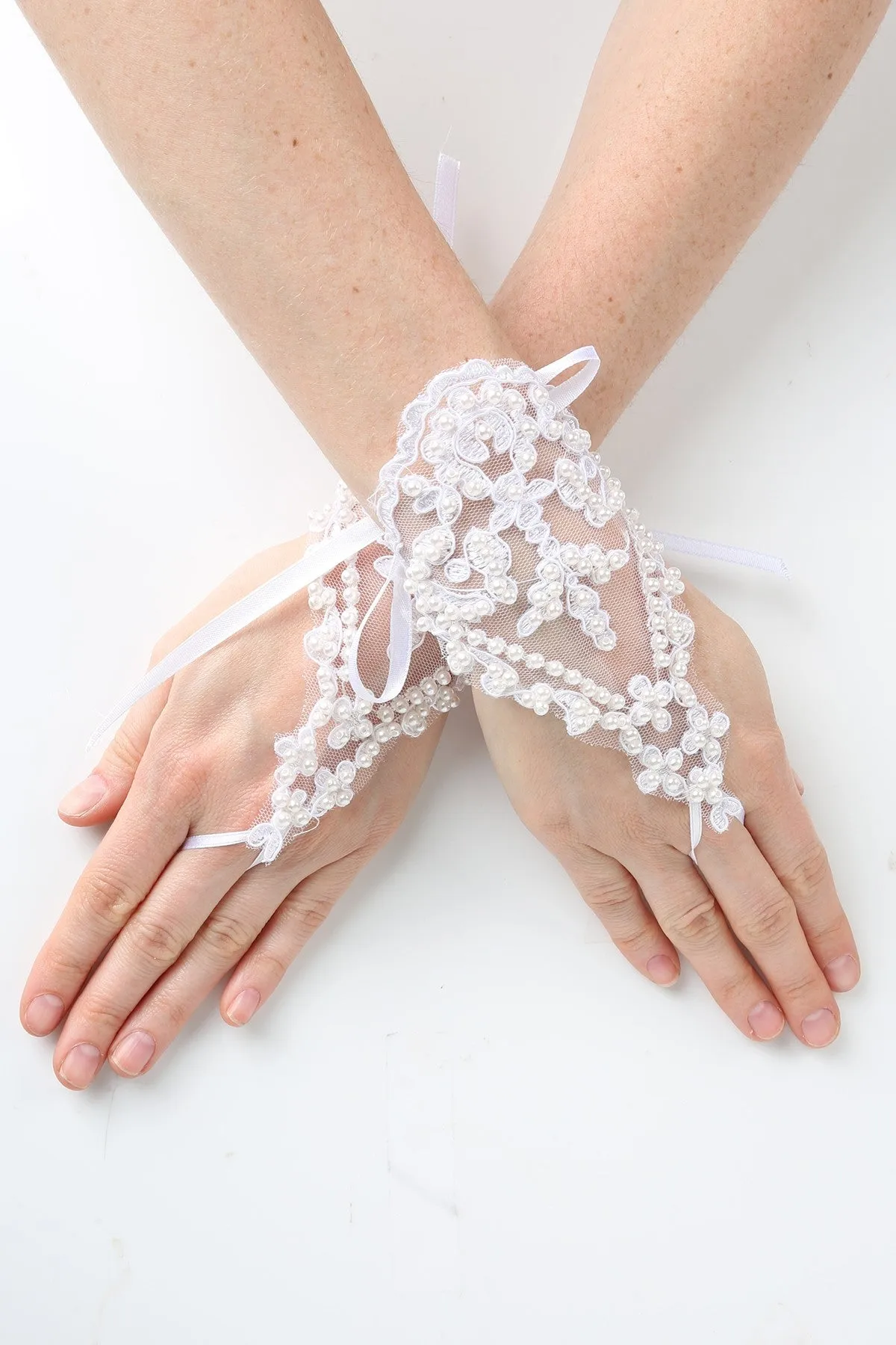 Girls White Pearl Adorned Lace Fingerless Communion Flower Girl Gloves