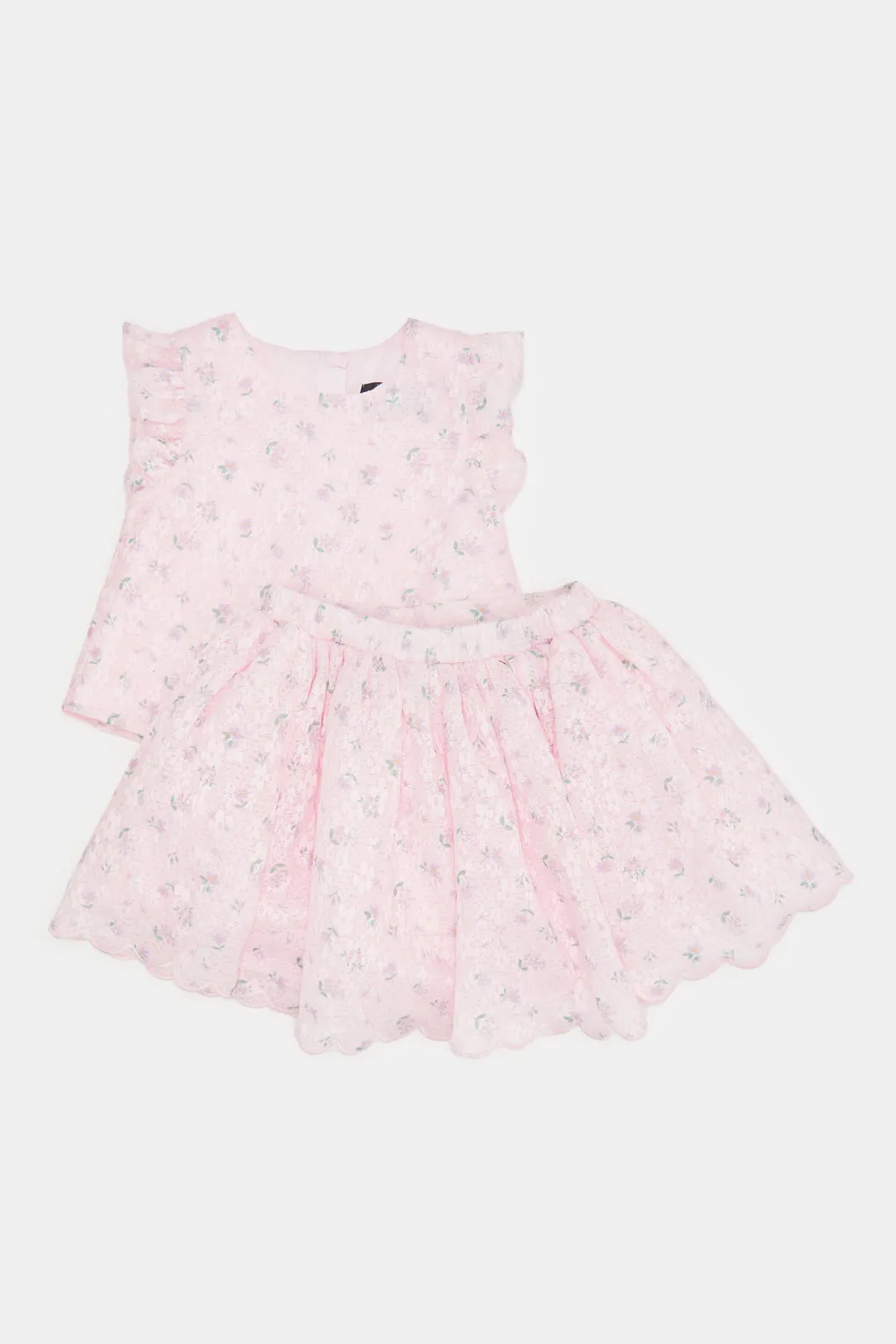 Infant Girls Pink Printed Flowers Textured Fabric Set (2 Piece)