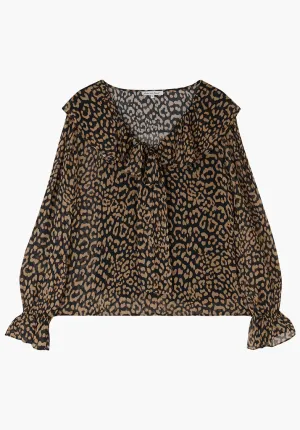 Joni Ruffle Neck Leopard Print Blouse In Brown