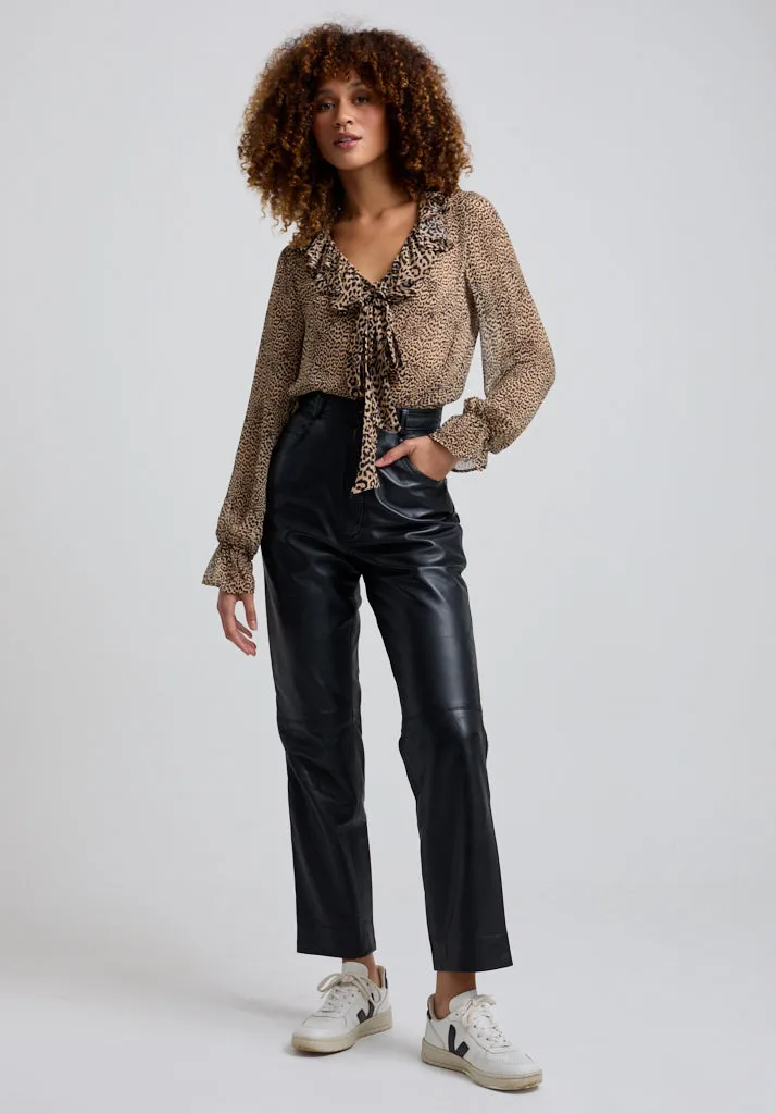 Joni Ruffle Neck Leopard Print Blouse In Brown