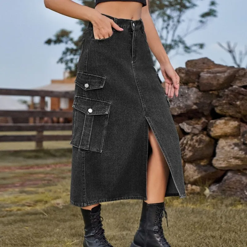 JuliaFashion - 2024 Trendy Elastic Waist Denim Half-Length Skirt