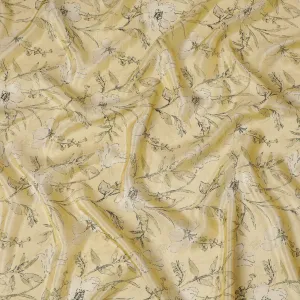 Lemon Chiffon Organza Fabric - Vintage Floral Ink Sketch, 110cm Width, Light-Reflecting Sheer Quality-D18941