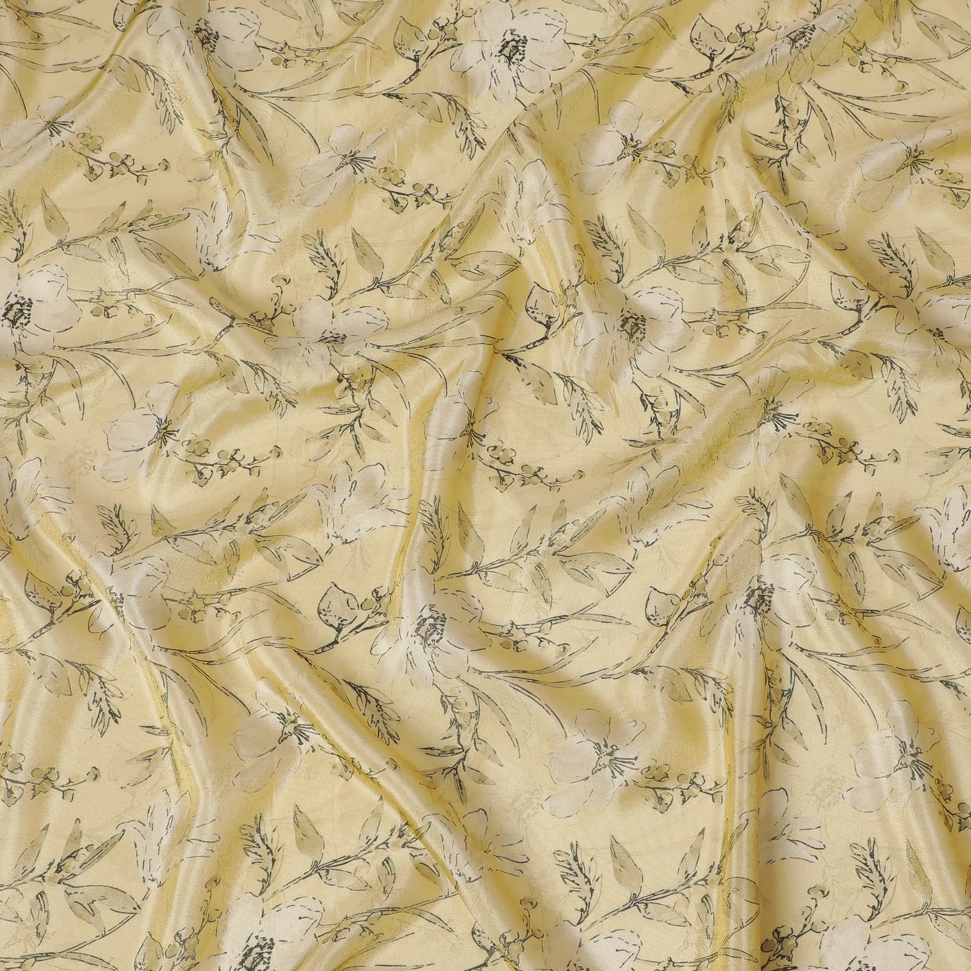 Lemon Chiffon Organza Fabric - Vintage Floral Ink Sketch, 110cm Width, Light-Reflecting Sheer Quality-D18941