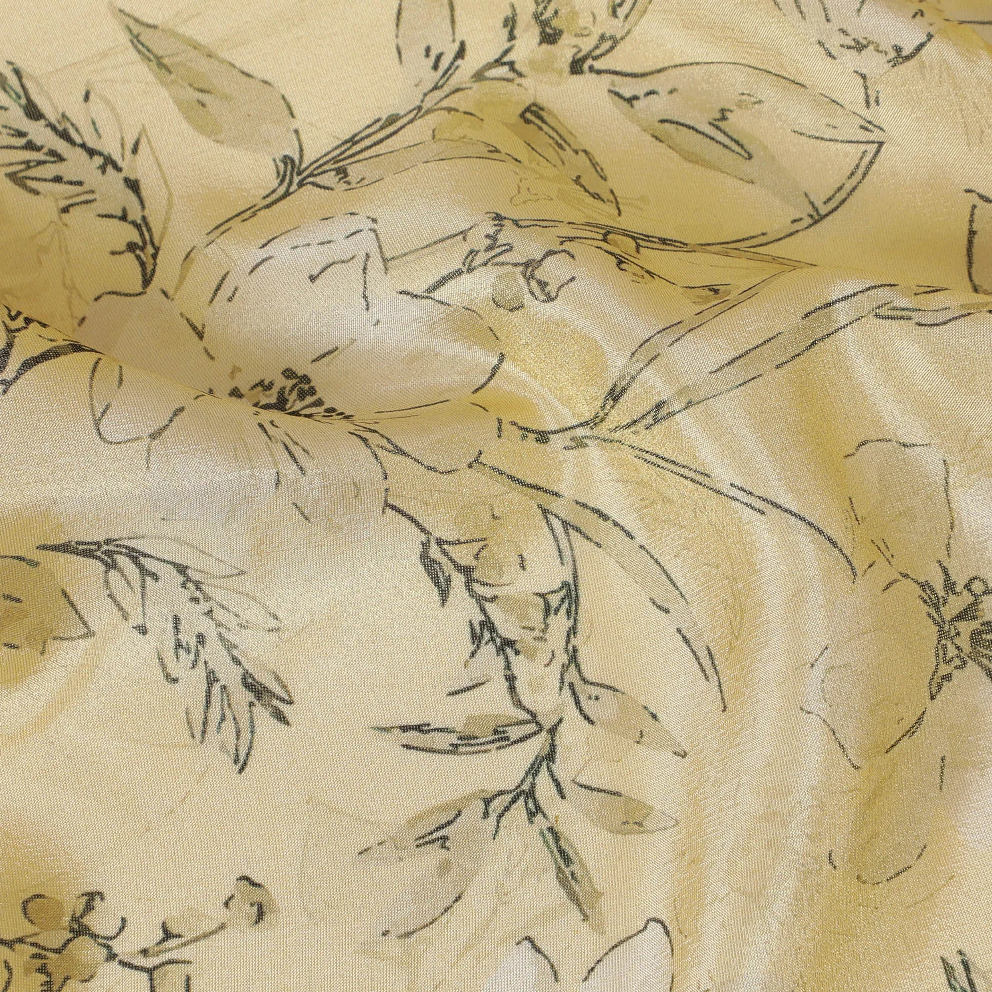 Lemon Chiffon Organza Fabric - Vintage Floral Ink Sketch, 110cm Width, Light-Reflecting Sheer Quality-D18941