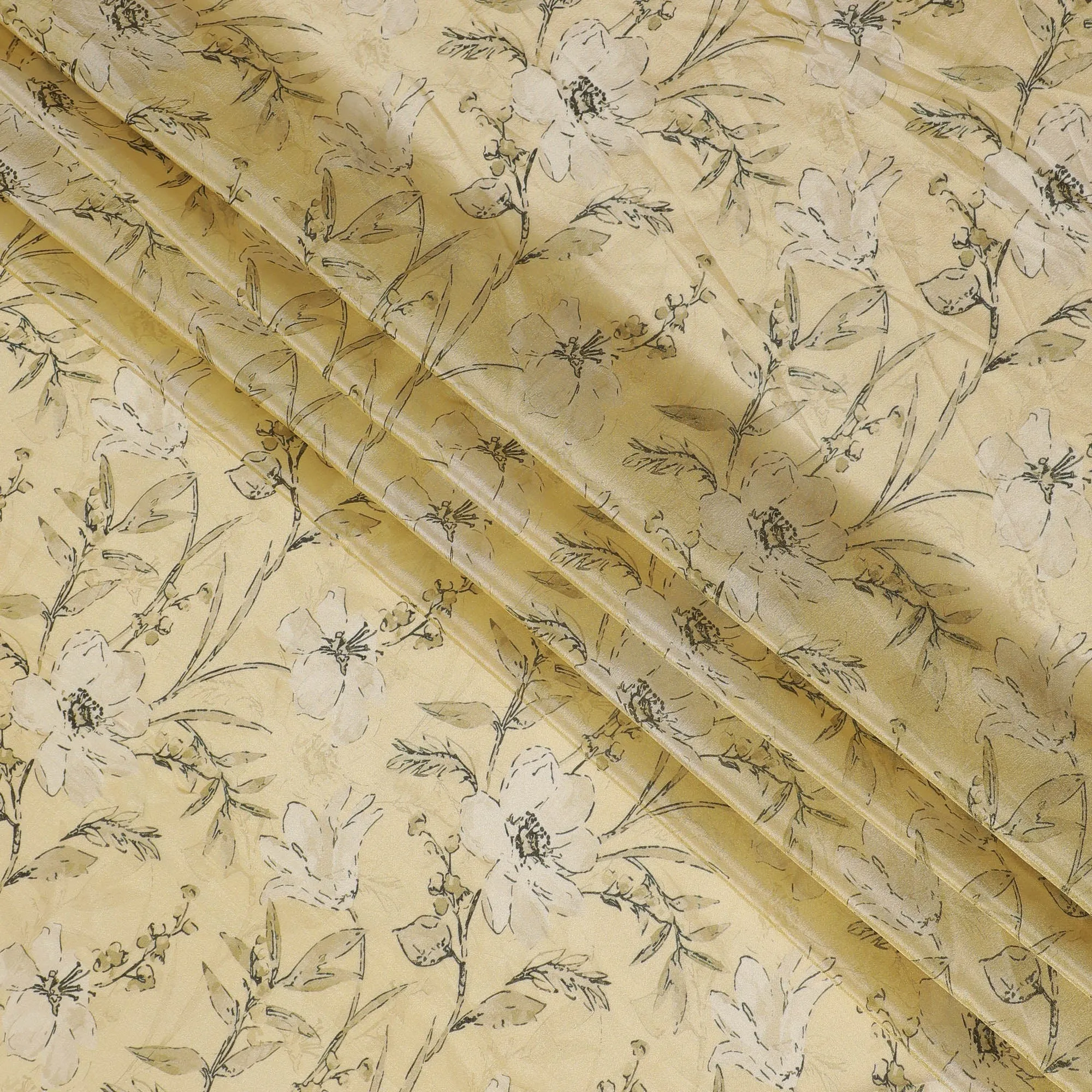 Lemon Chiffon Organza Fabric - Vintage Floral Ink Sketch, 110cm Width, Light-Reflecting Sheer Quality-D18941