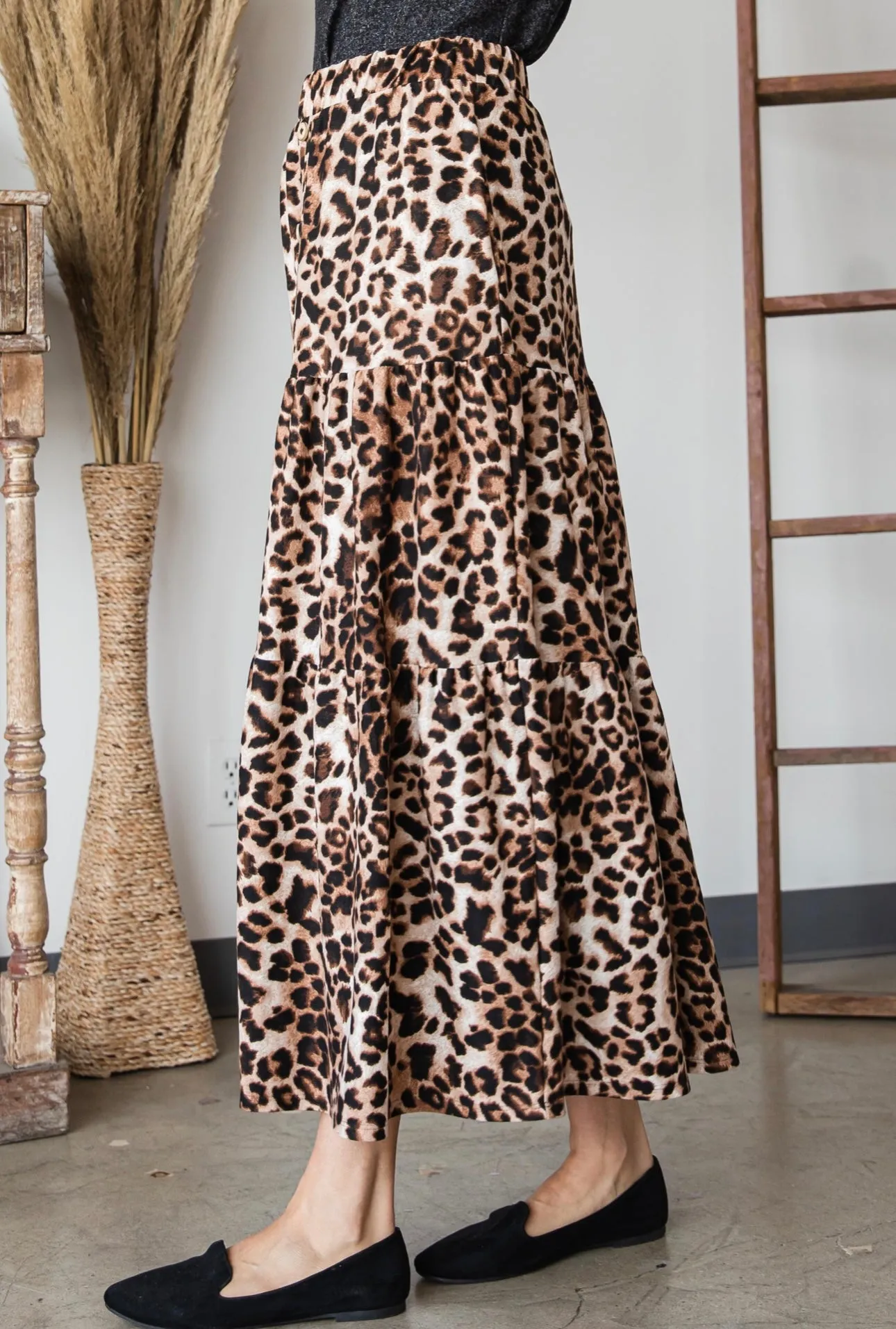 Leopard Animal Print Long Knit Tiered w/ Buttons up the Front