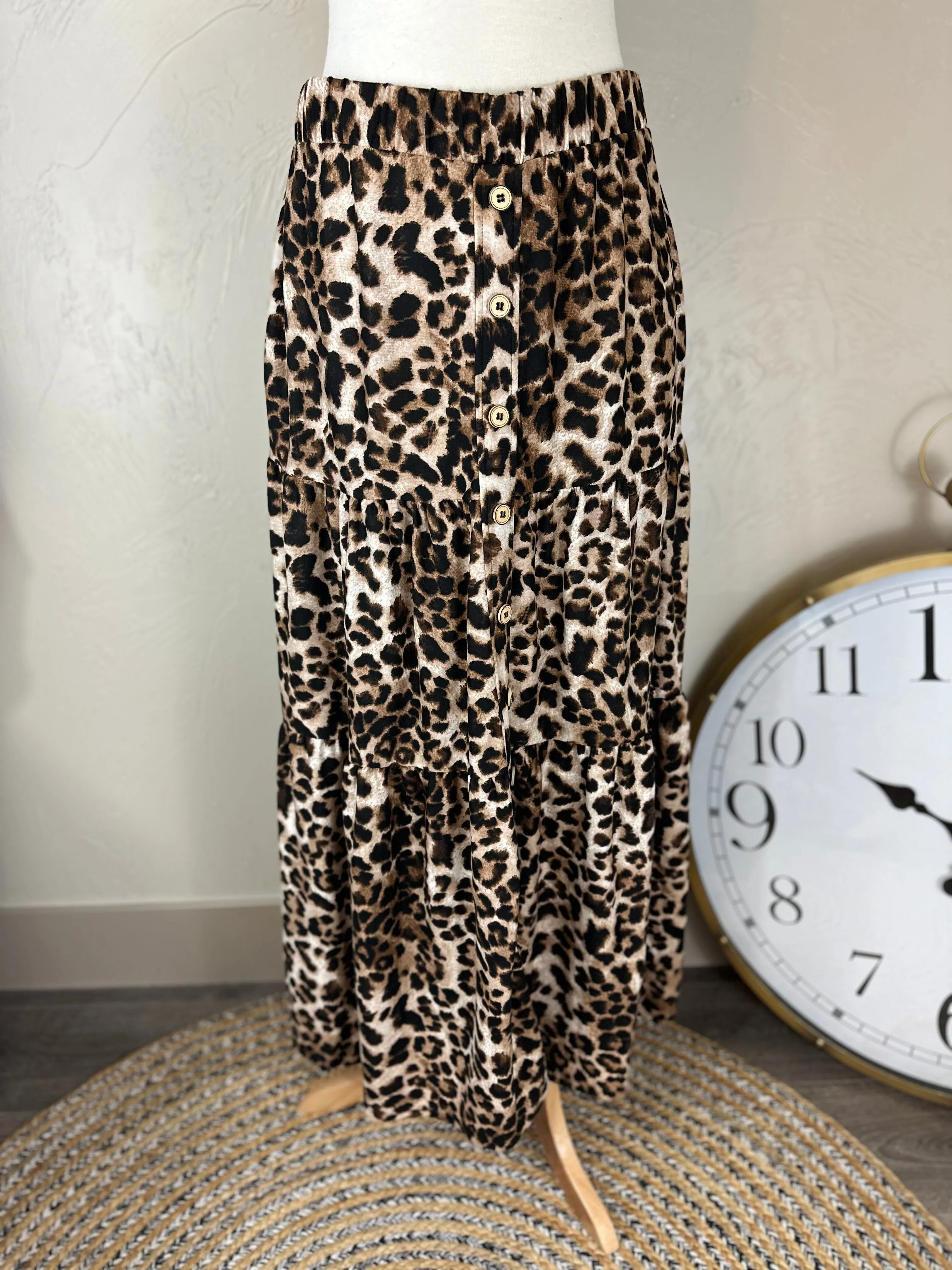 Leopard Animal Print Long Knit Tiered w/ Buttons up the Front