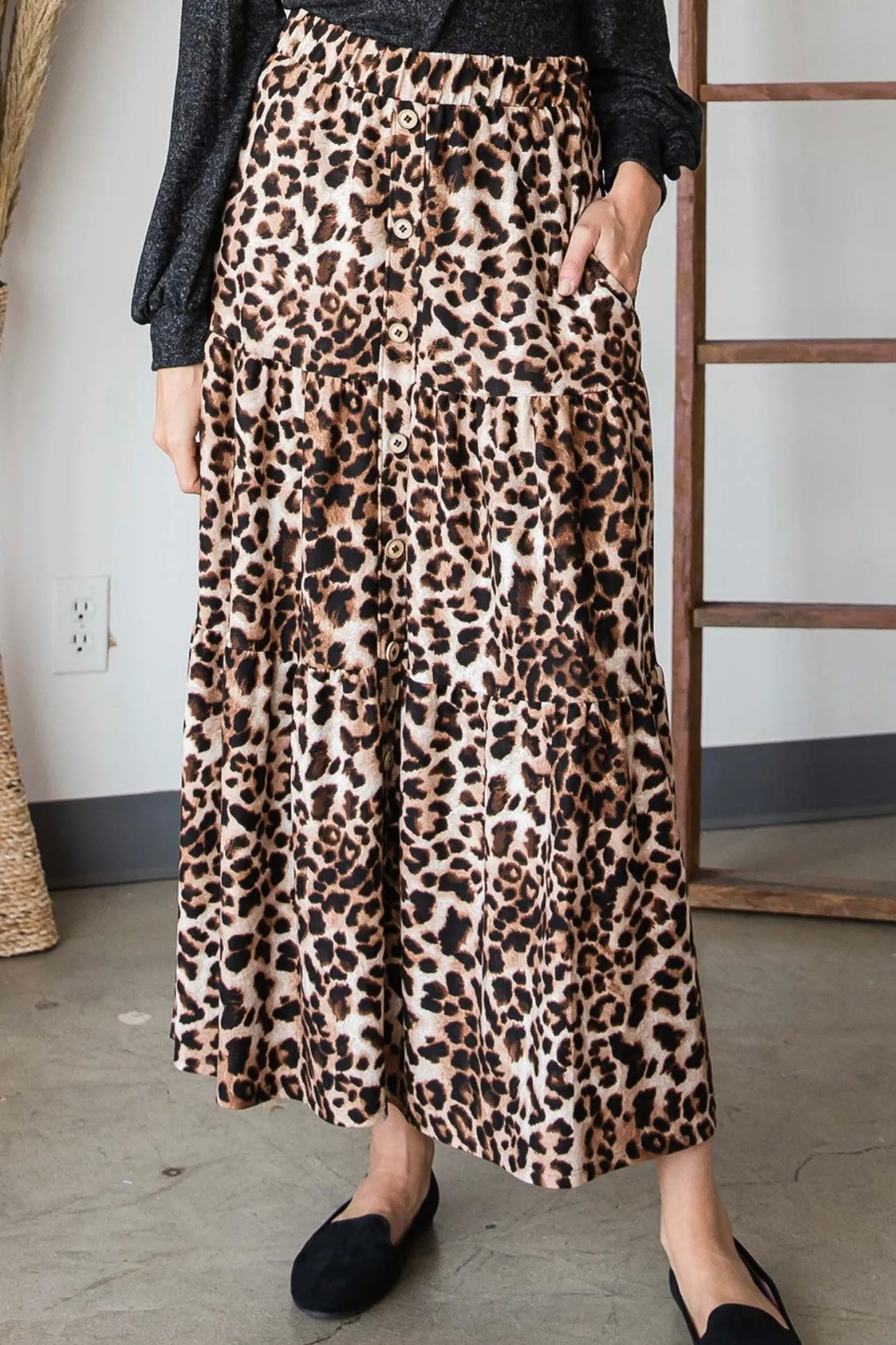 Leopard Animal Print Long Knit Tiered w/ Buttons up the Front