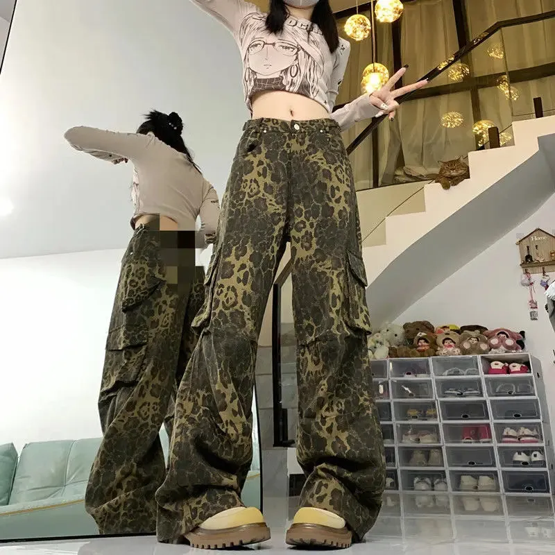 Leopard Print Cargo Pants High-waisted Retro Loose Pants