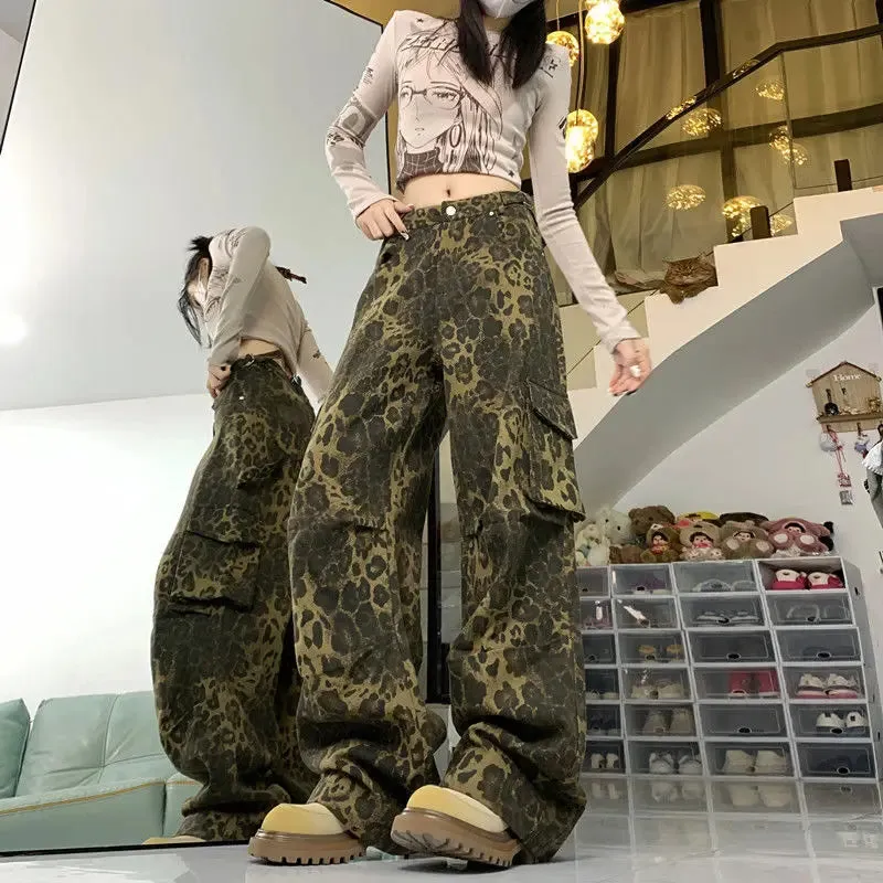 Leopard Print Cargo Pants High-waisted Retro Loose Pants