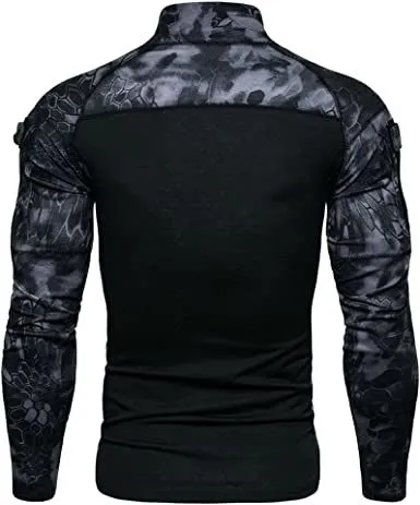 Men's Casual Camouflage T-Shirts Splicing Craft Slim Fit Shirts Zipper Neckline Long Sleeve T-Shirts