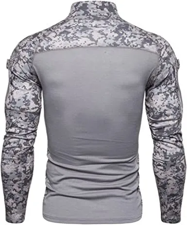 Men's Casual Camouflage T-Shirts Splicing Craft Slim Fit Shirts Zipper Neckline Long Sleeve T-Shirts