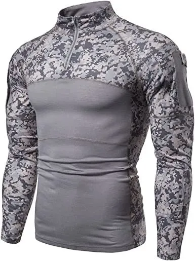 Men's Casual Camouflage T-Shirts Splicing Craft Slim Fit Shirts Zipper Neckline Long Sleeve T-Shirts