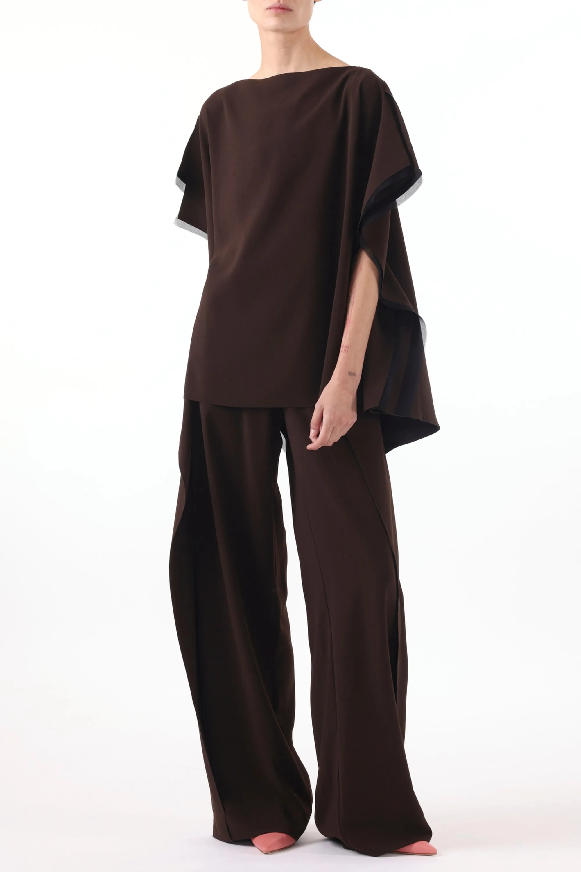 MID RISE CREPE STRAIGHT LEG PANTS WITH SIDE RUFFLE