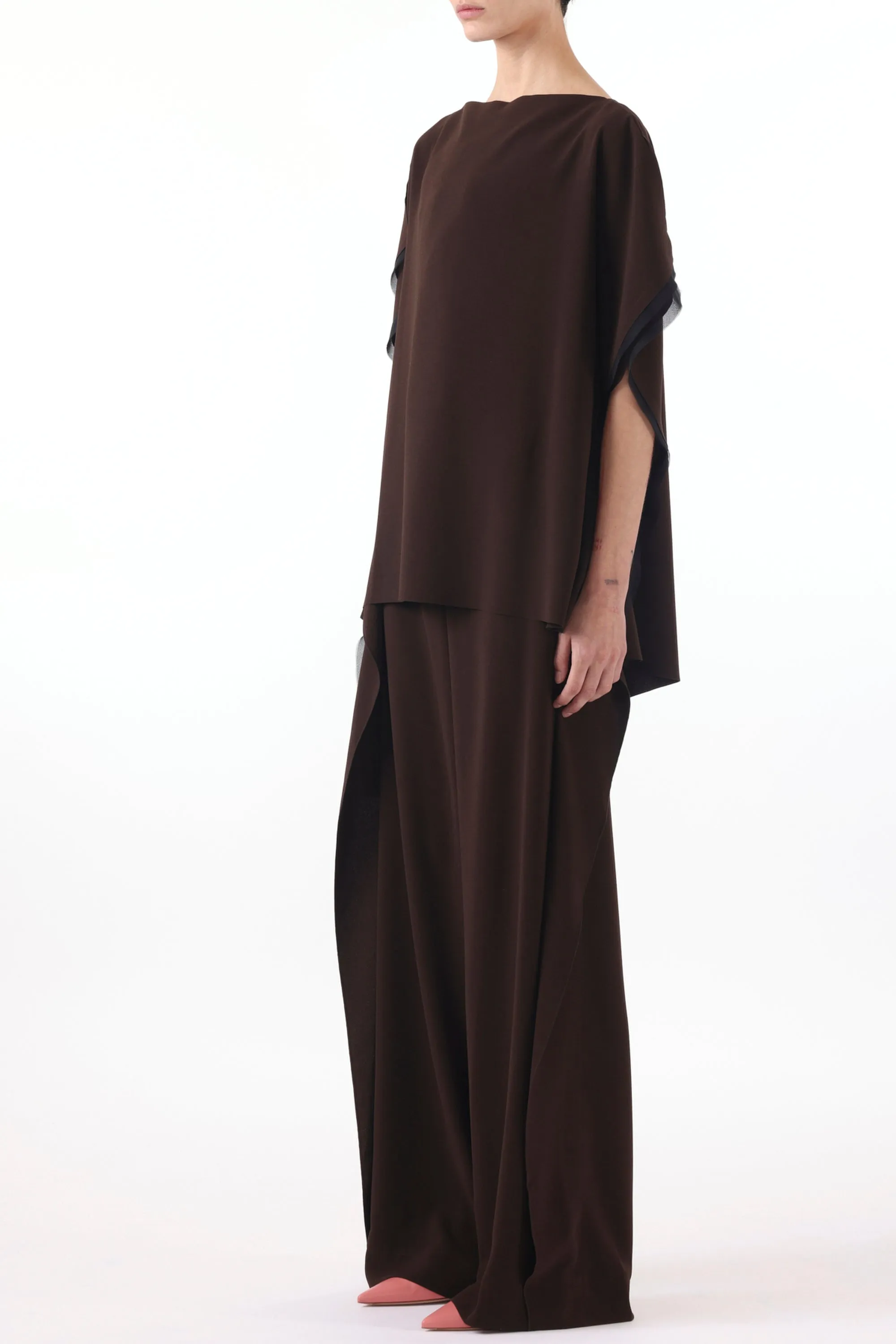 MID RISE CREPE STRAIGHT LEG PANTS WITH SIDE RUFFLE