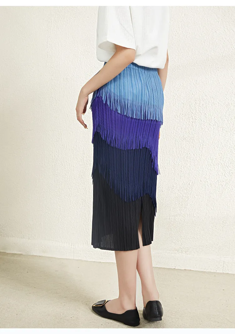 Miyake Pleated Color Block Tassel Layered Skirt