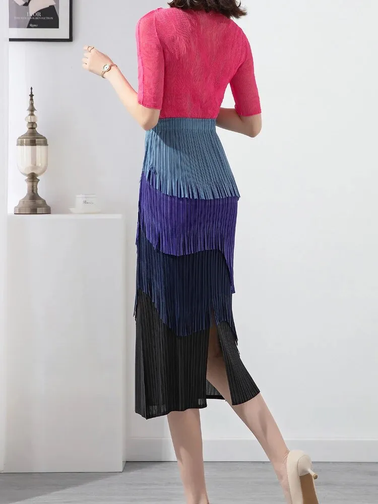 Miyake Pleated Color Block Tassel Layered Skirt