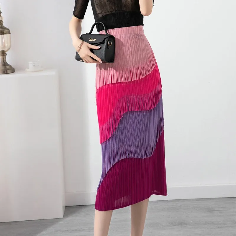 Miyake Pleated Color Block Tassel Layered Skirt