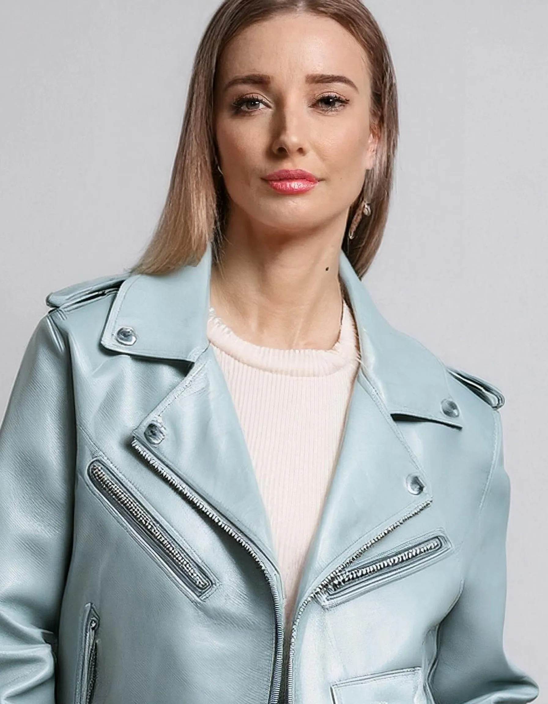 Pastel Blue Leather Blazer Jacket