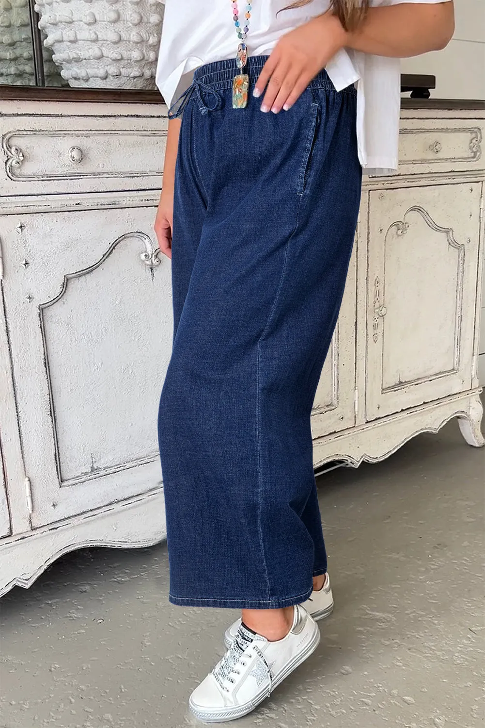 Plus Size Denim Wide Leg Cropped Jeans