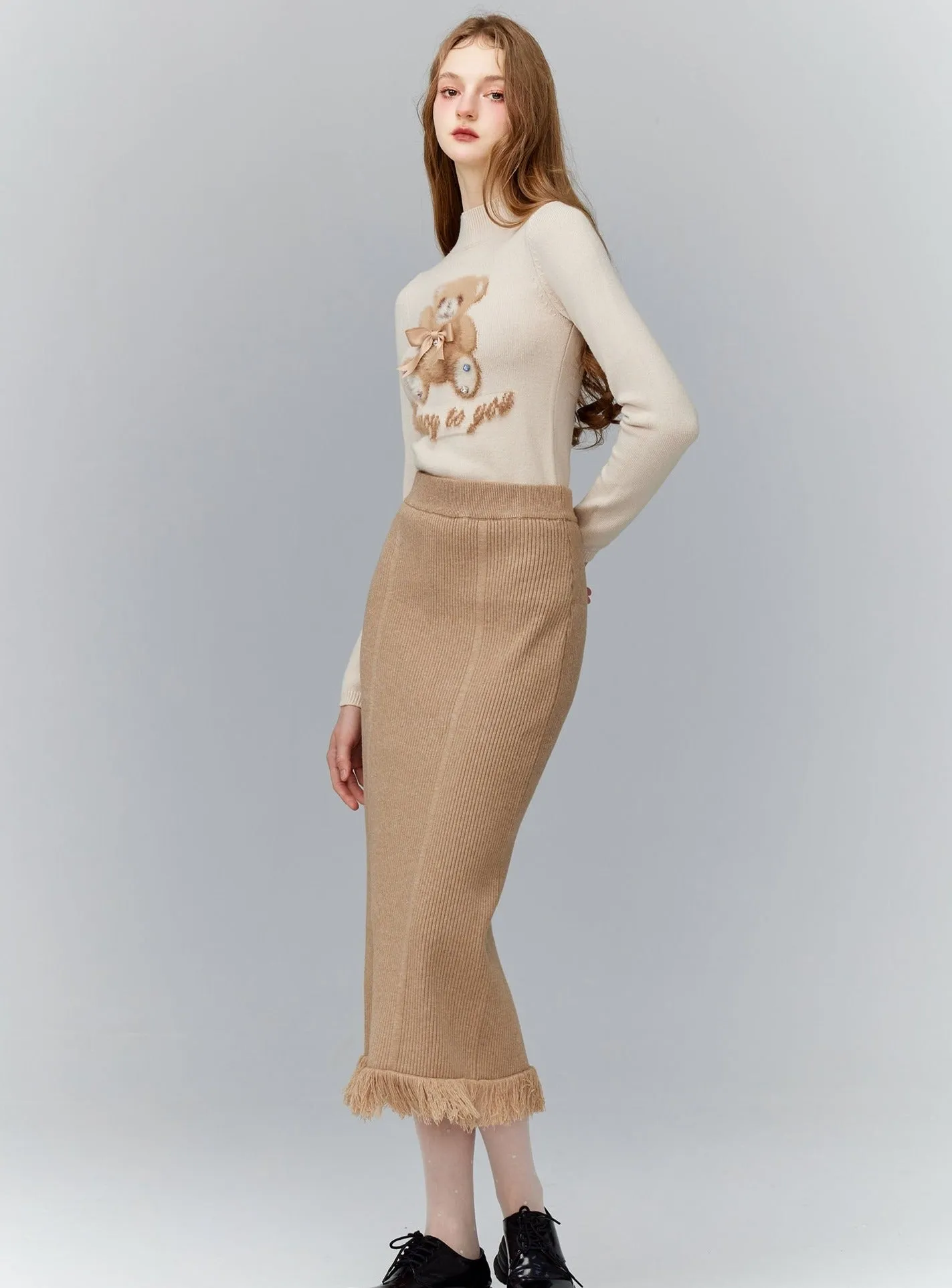 Ribbed Fringe-Hem Midi Skirt: Sophisticated Bodycon in Camel and Black