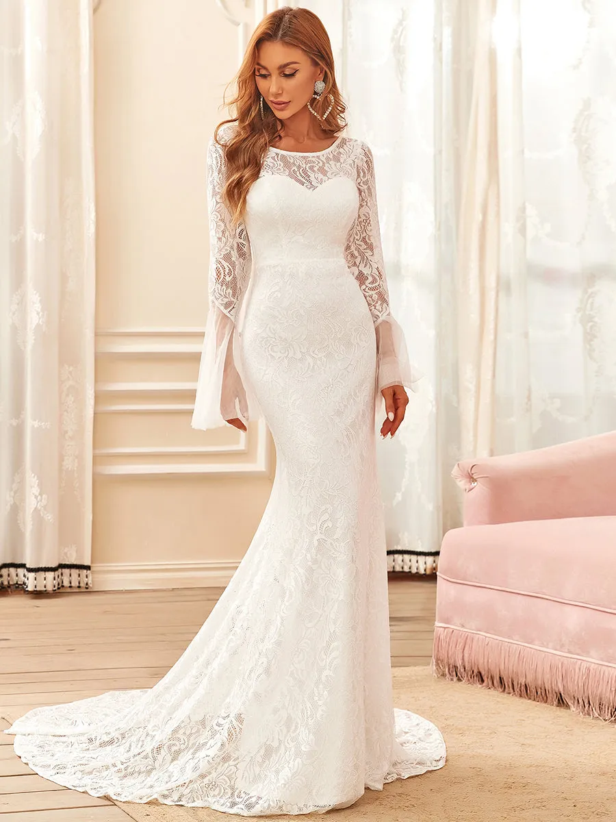 Round Neck Long Pagoda Sleeves Wedding Dress