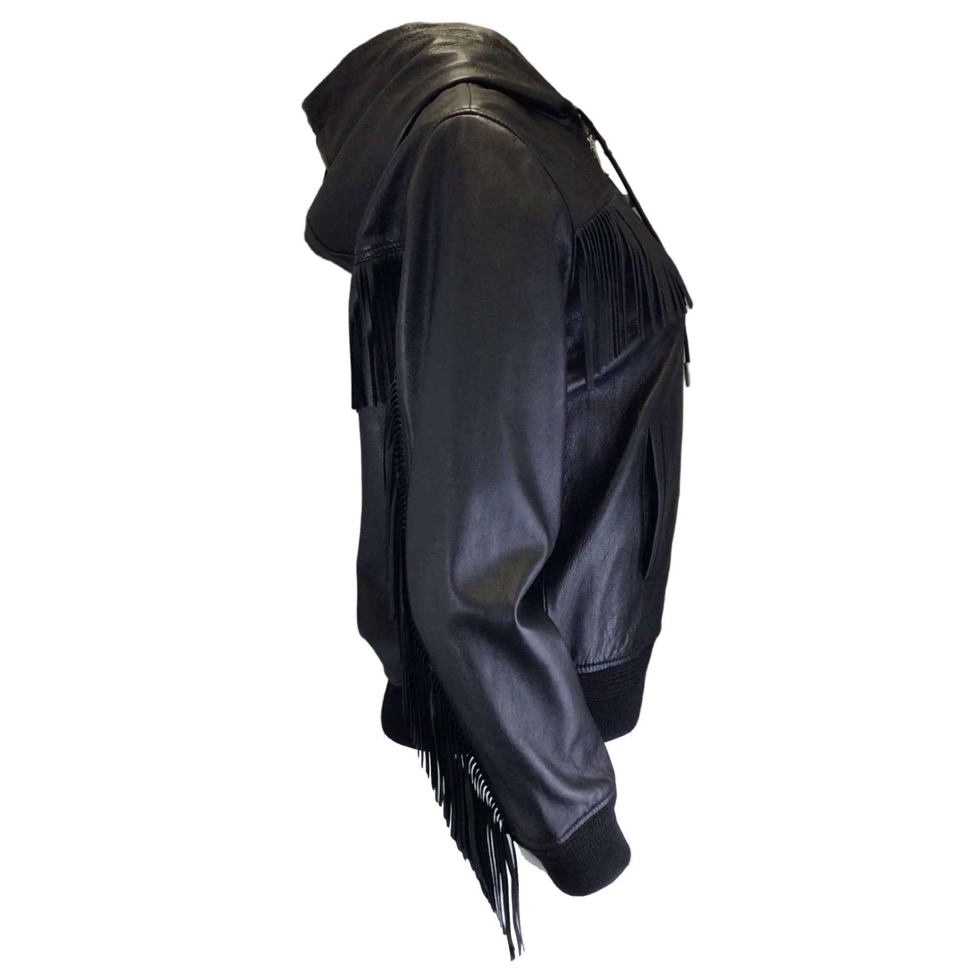 Saint Laurent Black Fringe Detail Hooded Full Zip Lambskin Leather Jacket