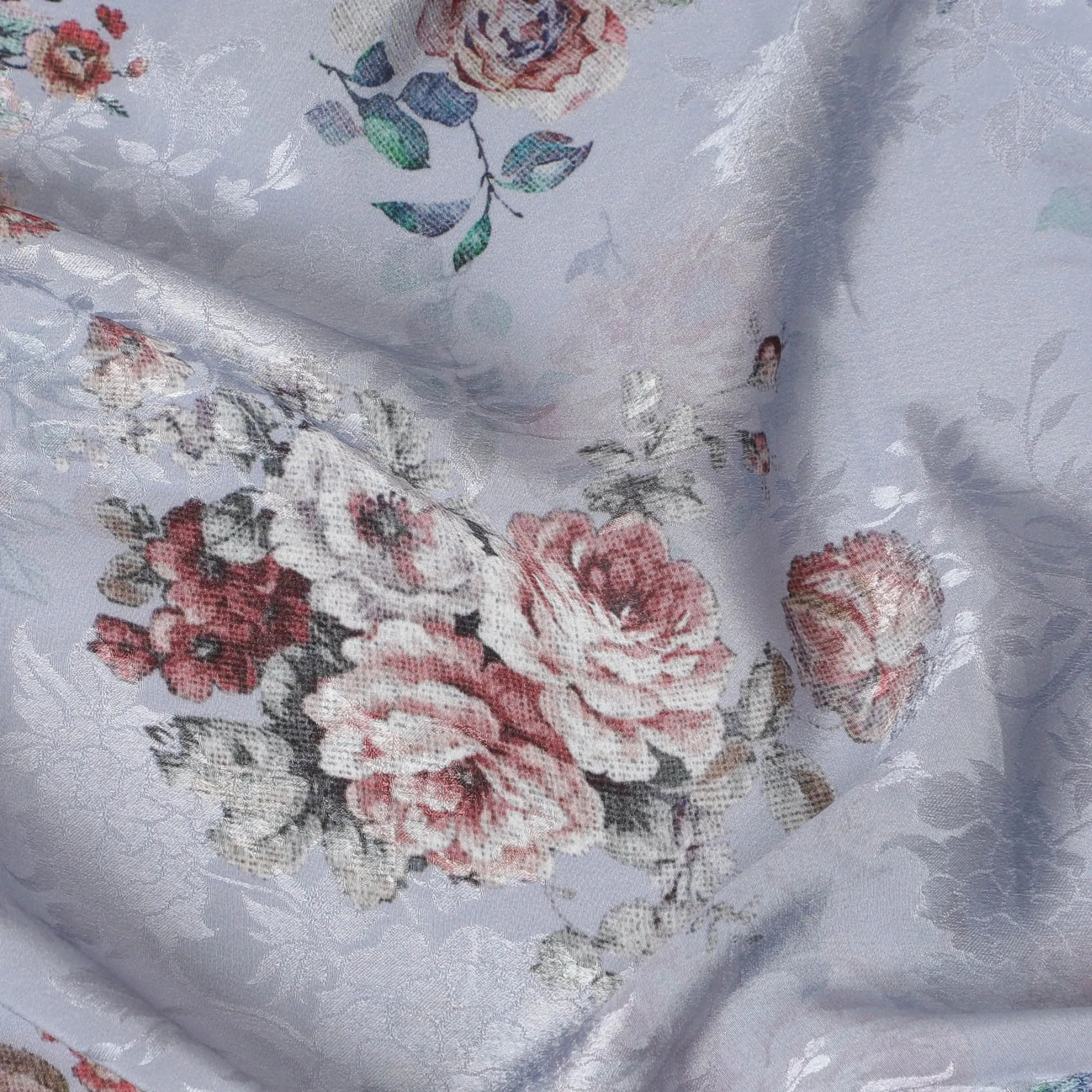 Silver grey Elegance Synthetic Crepe Fabric, 110cm Width - Vintage Rose Print from India-D17936