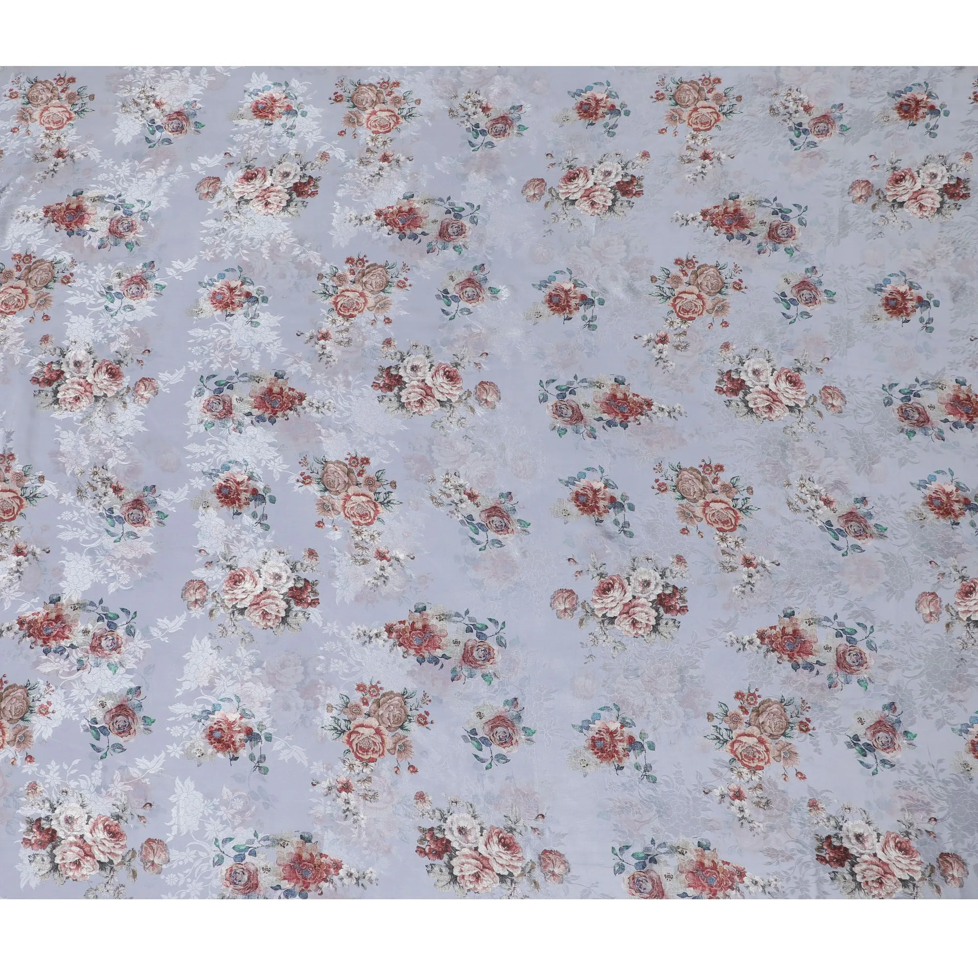 Silver grey Elegance Synthetic Crepe Fabric, 110cm Width - Vintage Rose Print from India-D17936