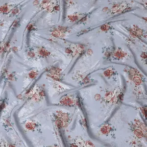 Silver grey Elegance Synthetic Crepe Fabric, 110cm Width - Vintage Rose Print from India-D17936