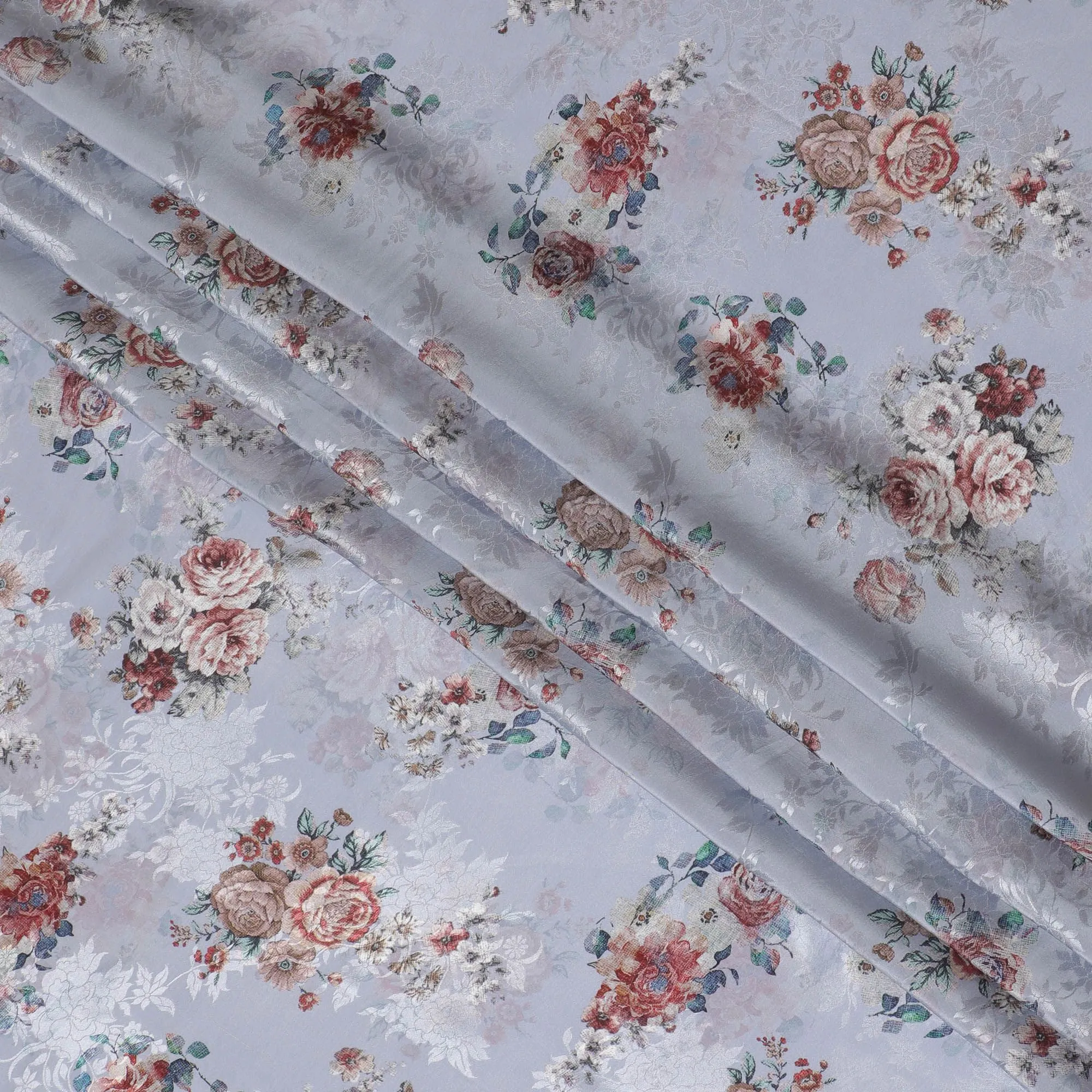 Silver grey Elegance Synthetic Crepe Fabric, 110cm Width - Vintage Rose Print from India-D17936