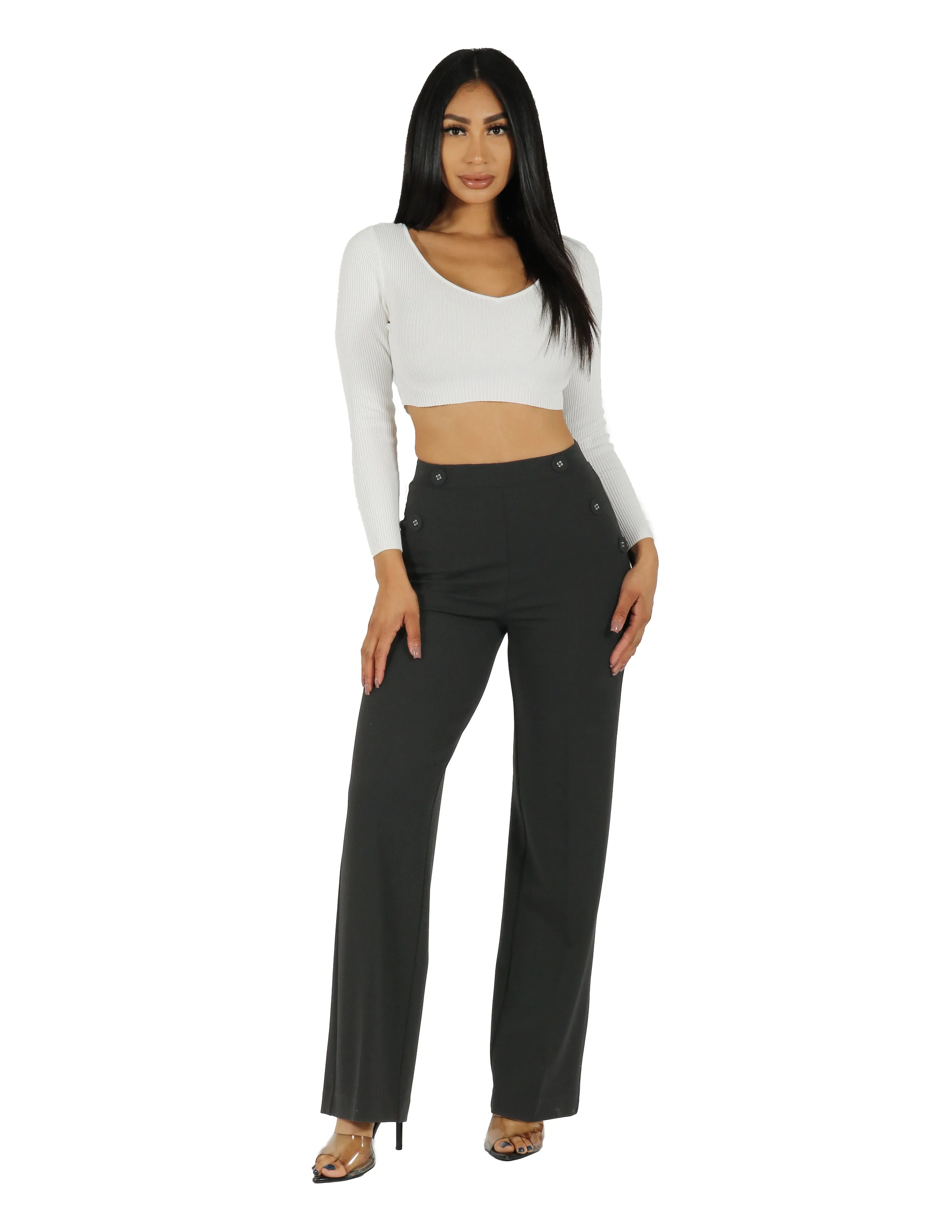 So Chic Knit Crepe 4 Hole Buttons High Rise Wide Leg Pant