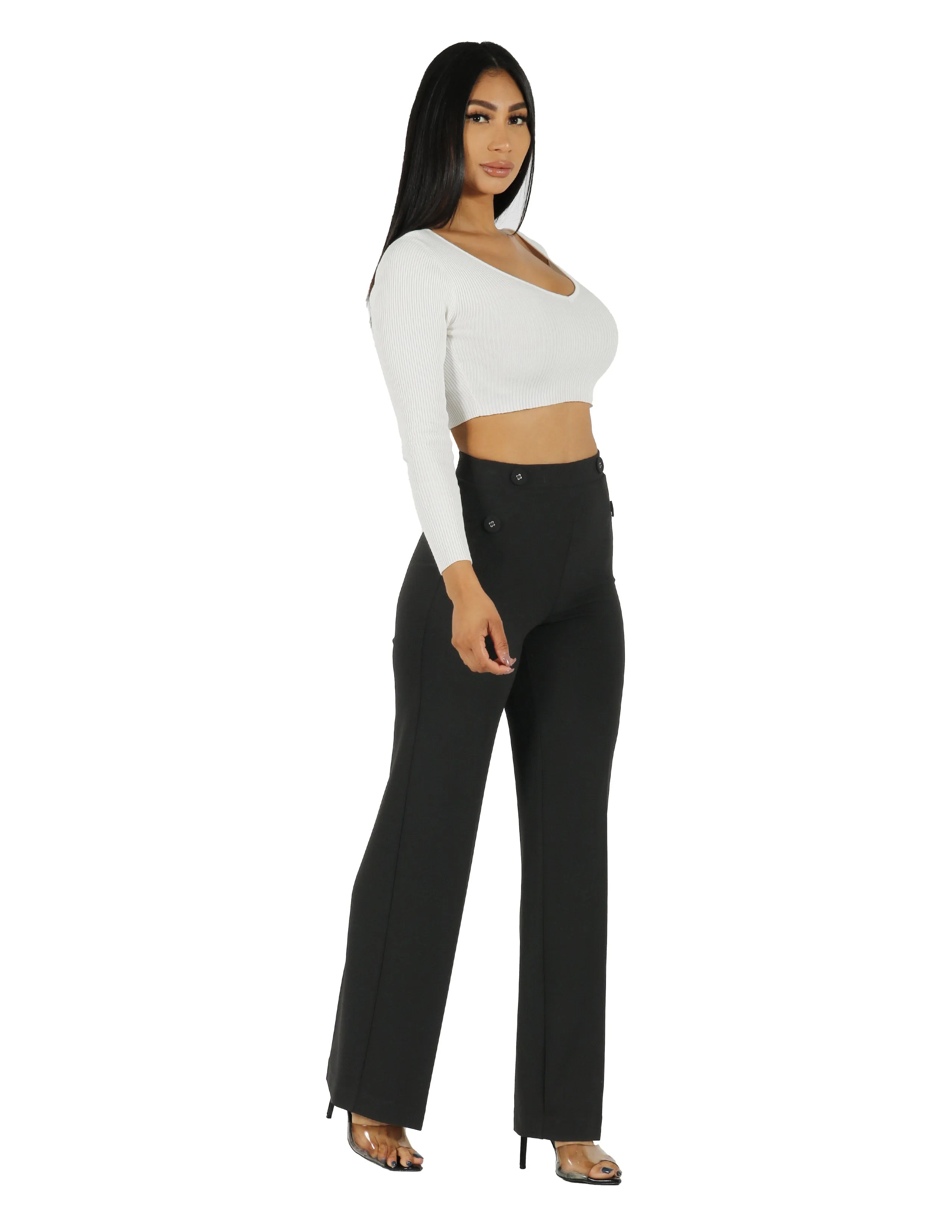 So Chic Knit Crepe 4 Hole Buttons High Rise Wide Leg Pant