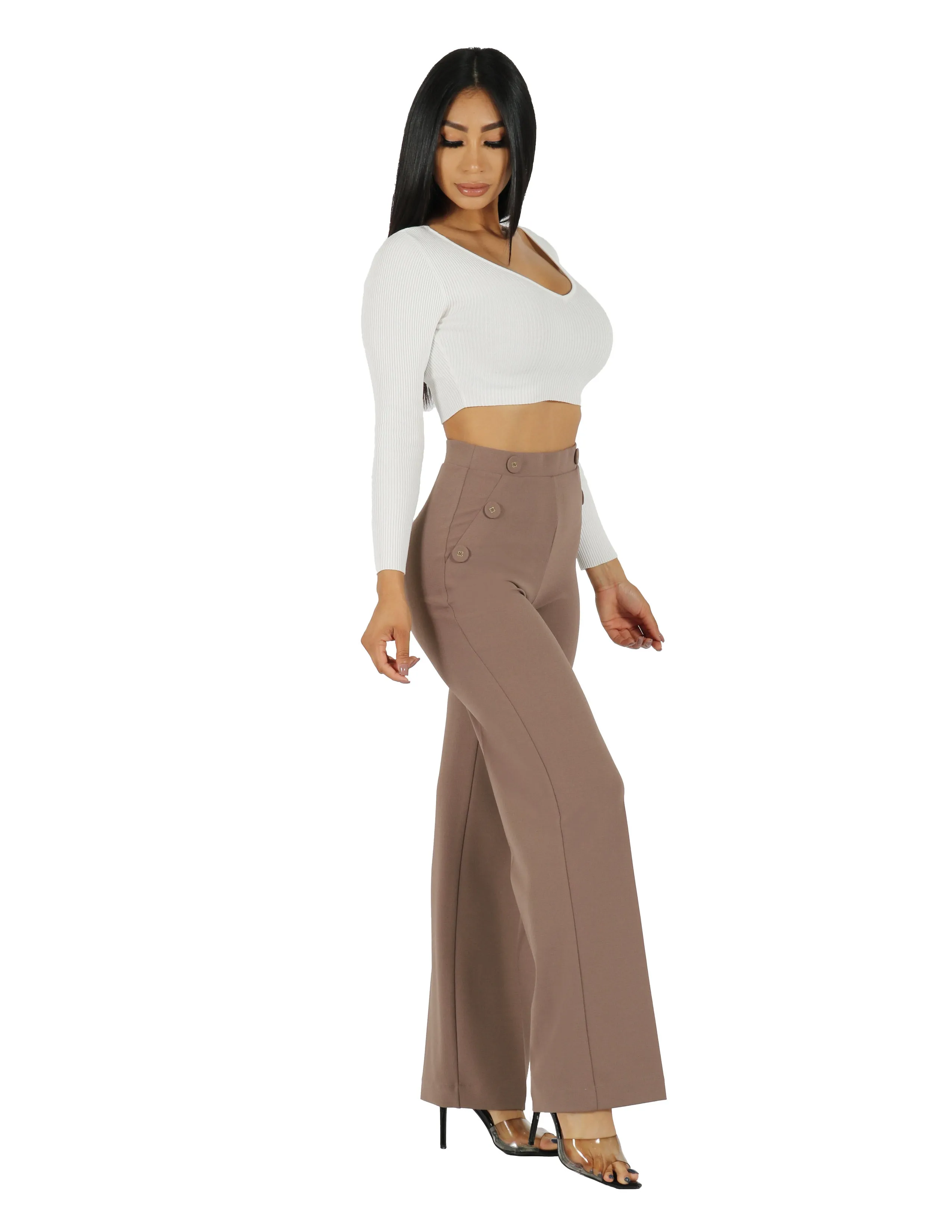 So Chic Knit Crepe 4 Hole Buttons High Rise Wide Leg Pant