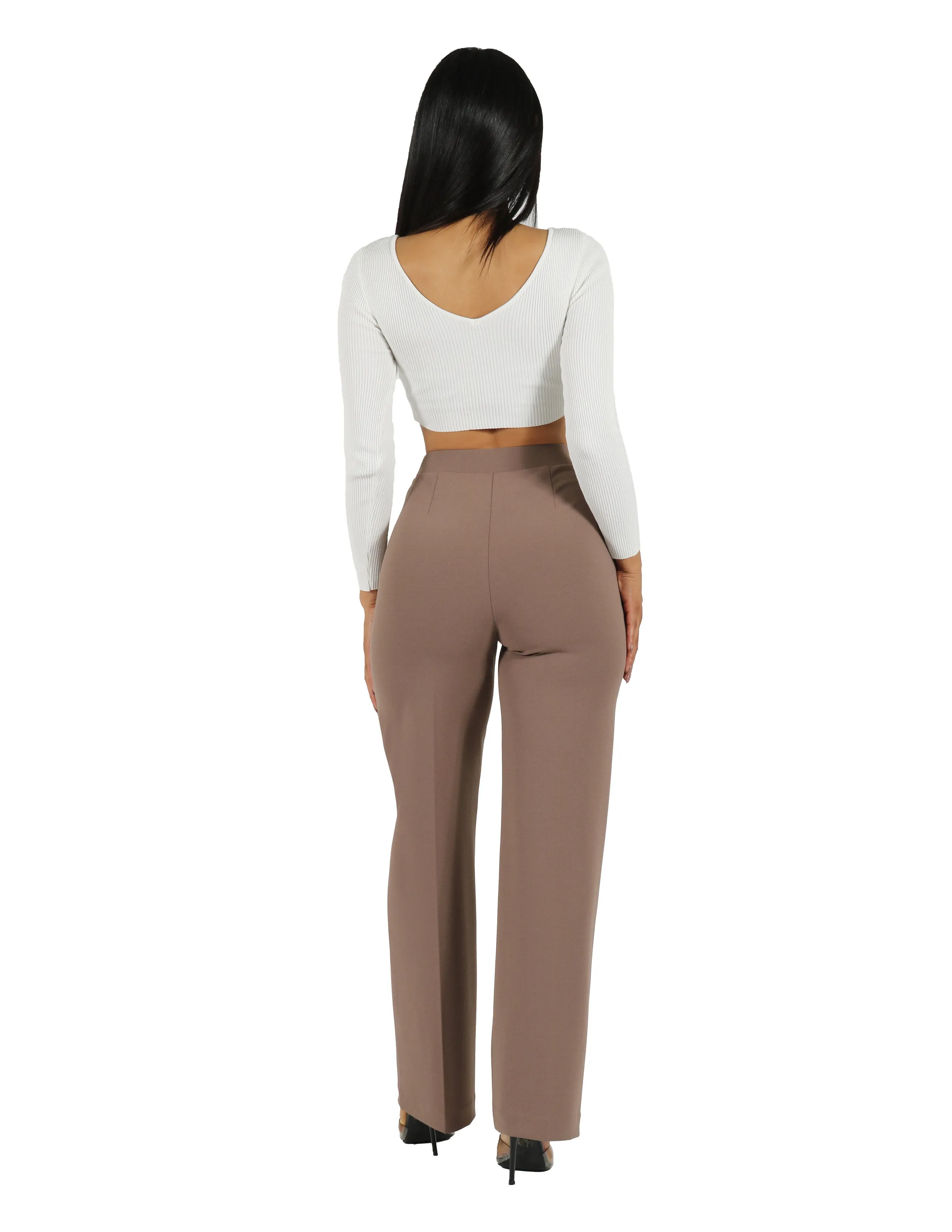 So Chic Knit Crepe 4 Hole Buttons High Rise Wide Leg Pant