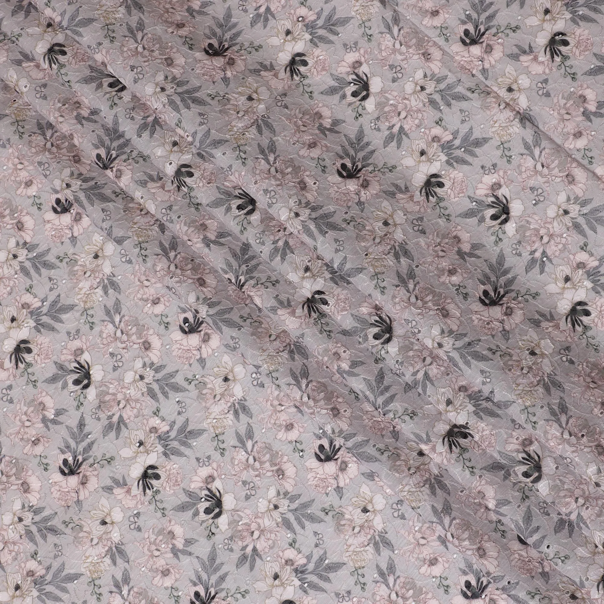 Soft Grey Floral blended Cotton Lawn Fabric with Embroidery - 110 cm Wide - D19586