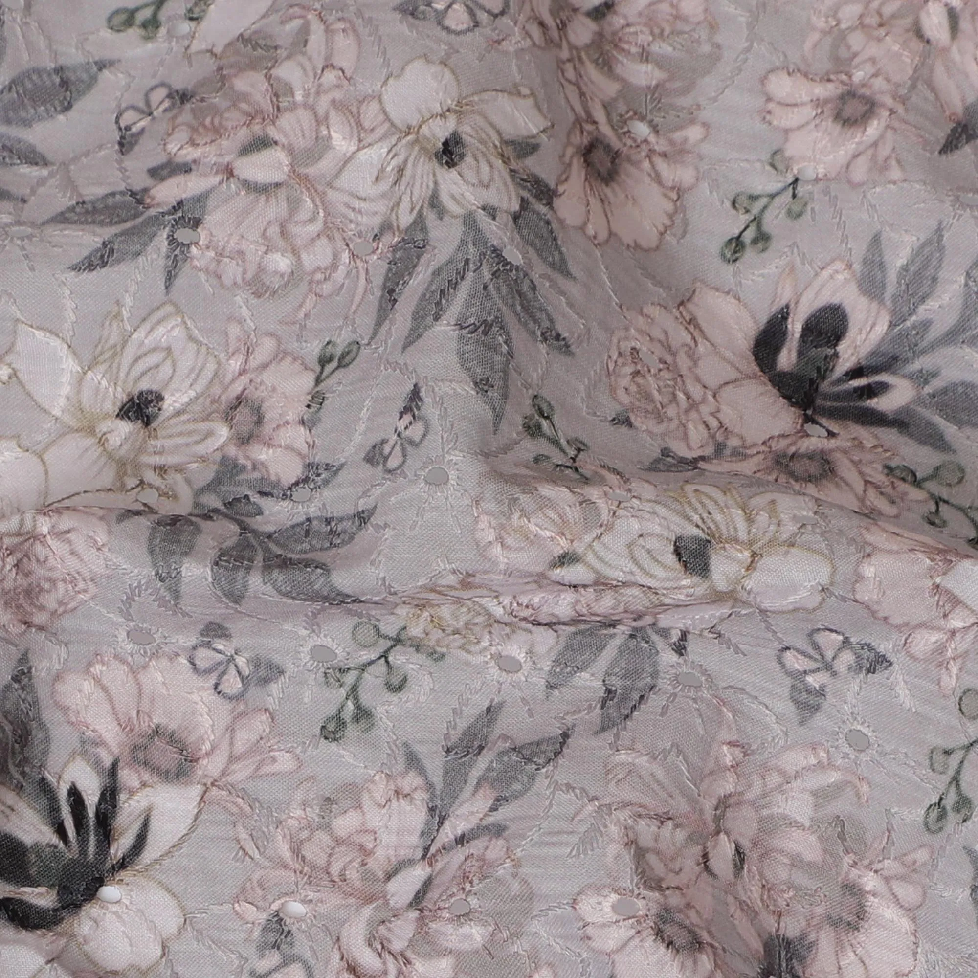 Soft Grey Floral blended Cotton Lawn Fabric with Embroidery - 110 cm Wide - D19586