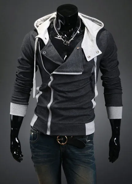 Street Style Side Zipper Studs Long Sleeves Men's  Polyester Hoodies 6153