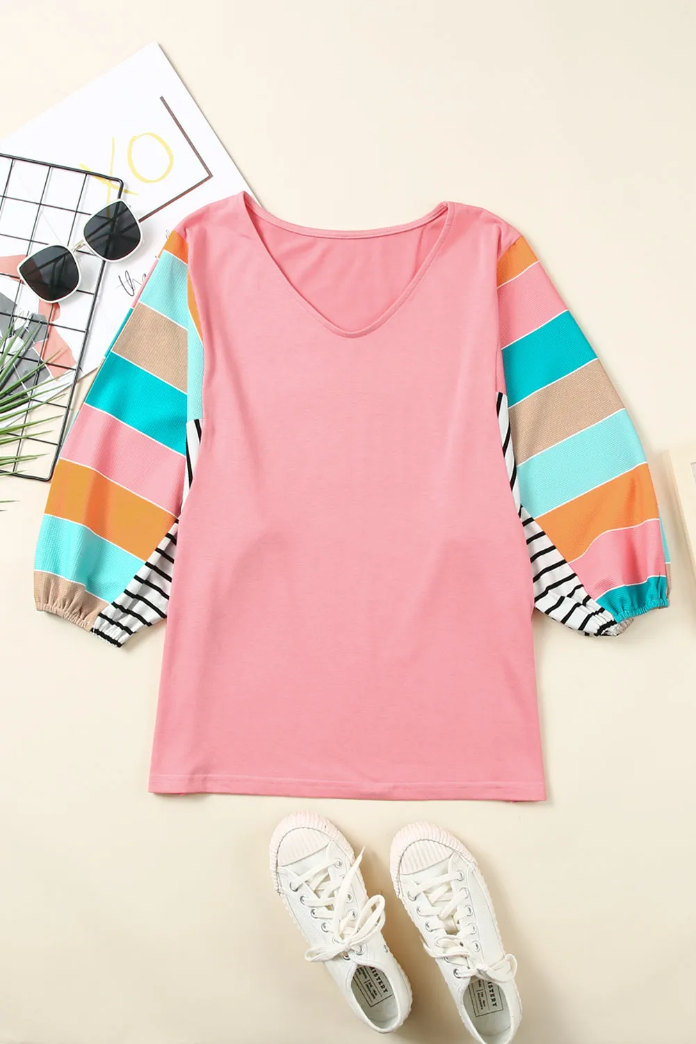 Stripe Colorblock Bubble Sleeve Top